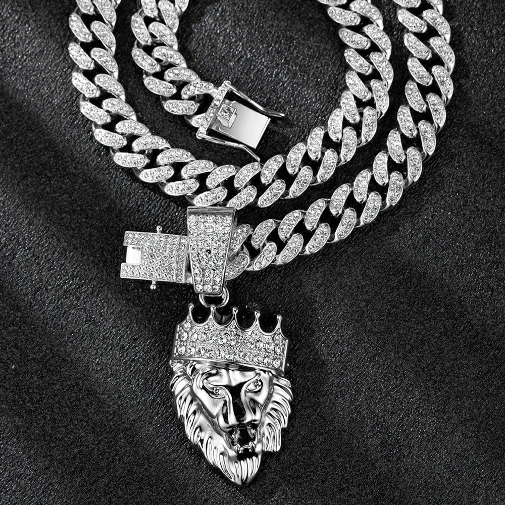 3D Crown Lion Head Cuban Pendant — Stainless Steel