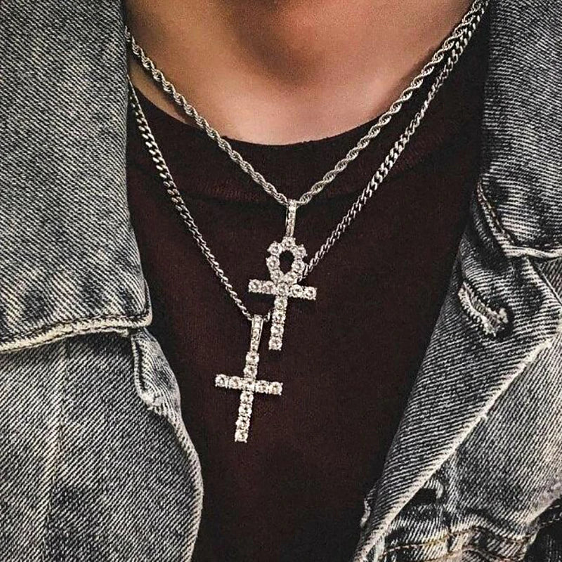 Gold Iced Out Cross Ankh Pendant Necklace