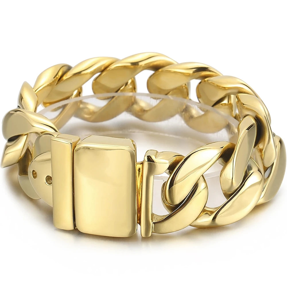 Men Bracelet for Man In Brushed Stainless Steel Luxury Gold Color 25MM Curb Link Chain Men's Bracelets On Hand Bands