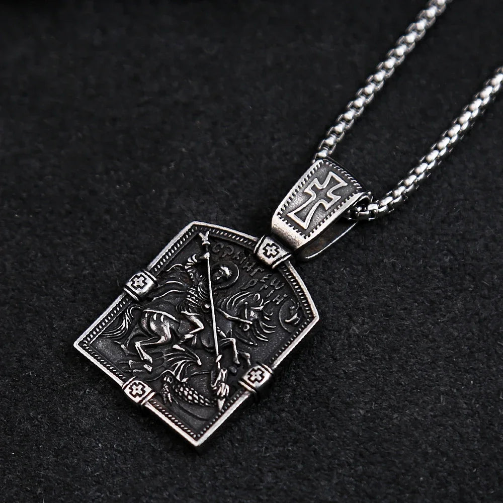 Retro Small Size Dragon Slayer St George Pendant For Men Stainless Steel Cross Biker Necklace Amulet Jewelry Gift