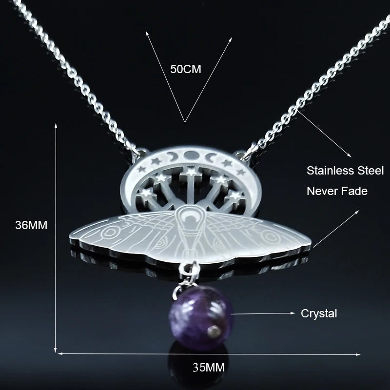 Bat Witchcraft Triple Moon Goddess Necklace Stainless Steel Women Silver Color Moth Necklace Jewerly Collar Mujer N3059S02