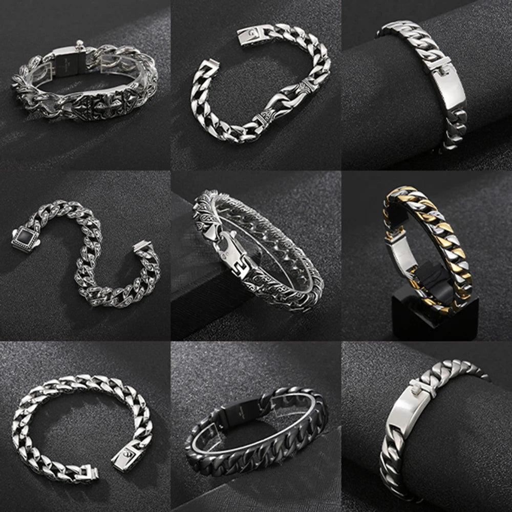 Man Bracelet Homme 12MM Wide Stainless Steel Curb Chain Charm Bracelets On Hand Bands for Men Vintage Mens Jewellery