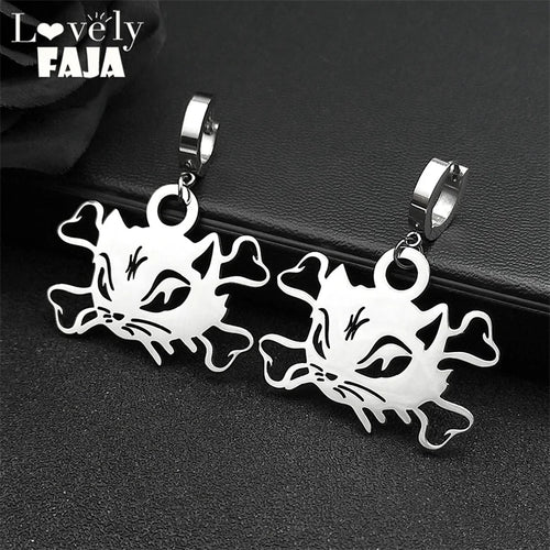 Cat Silver Earrings Vintage Head Bone Hoop Gothic