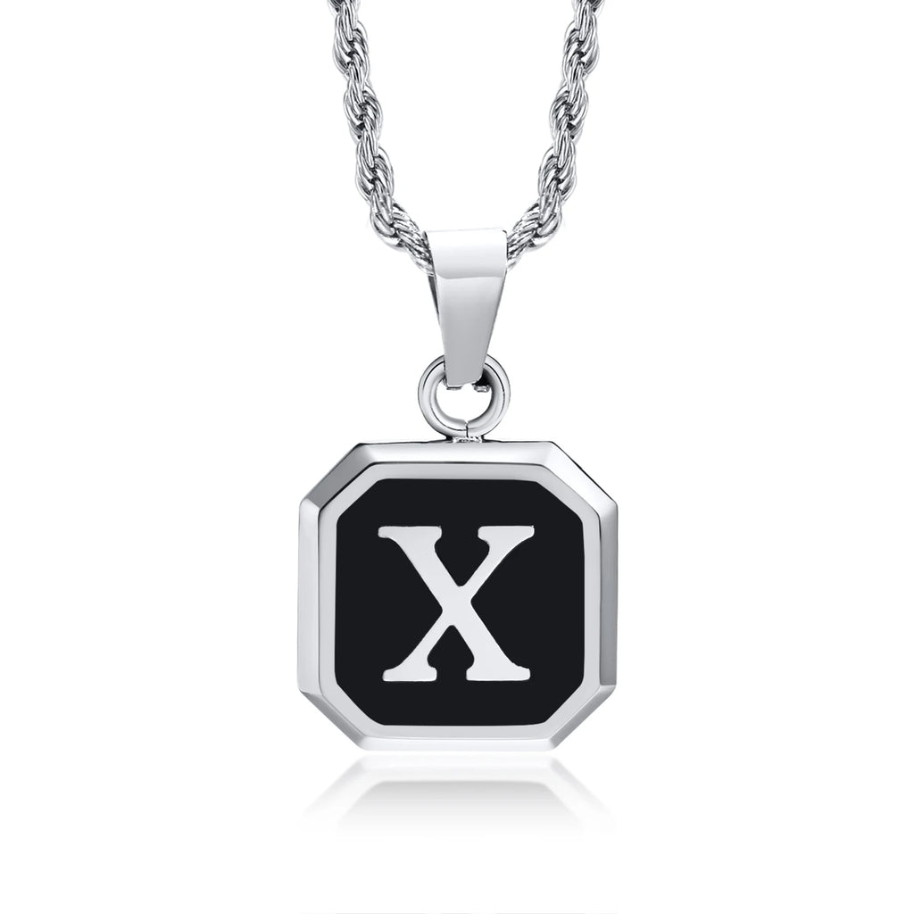Initials Necklaces for Men Women,A-Z 26 Letters Black Square Stainless Steel Pendant Collar,45-60CM Twisted Rope Chain