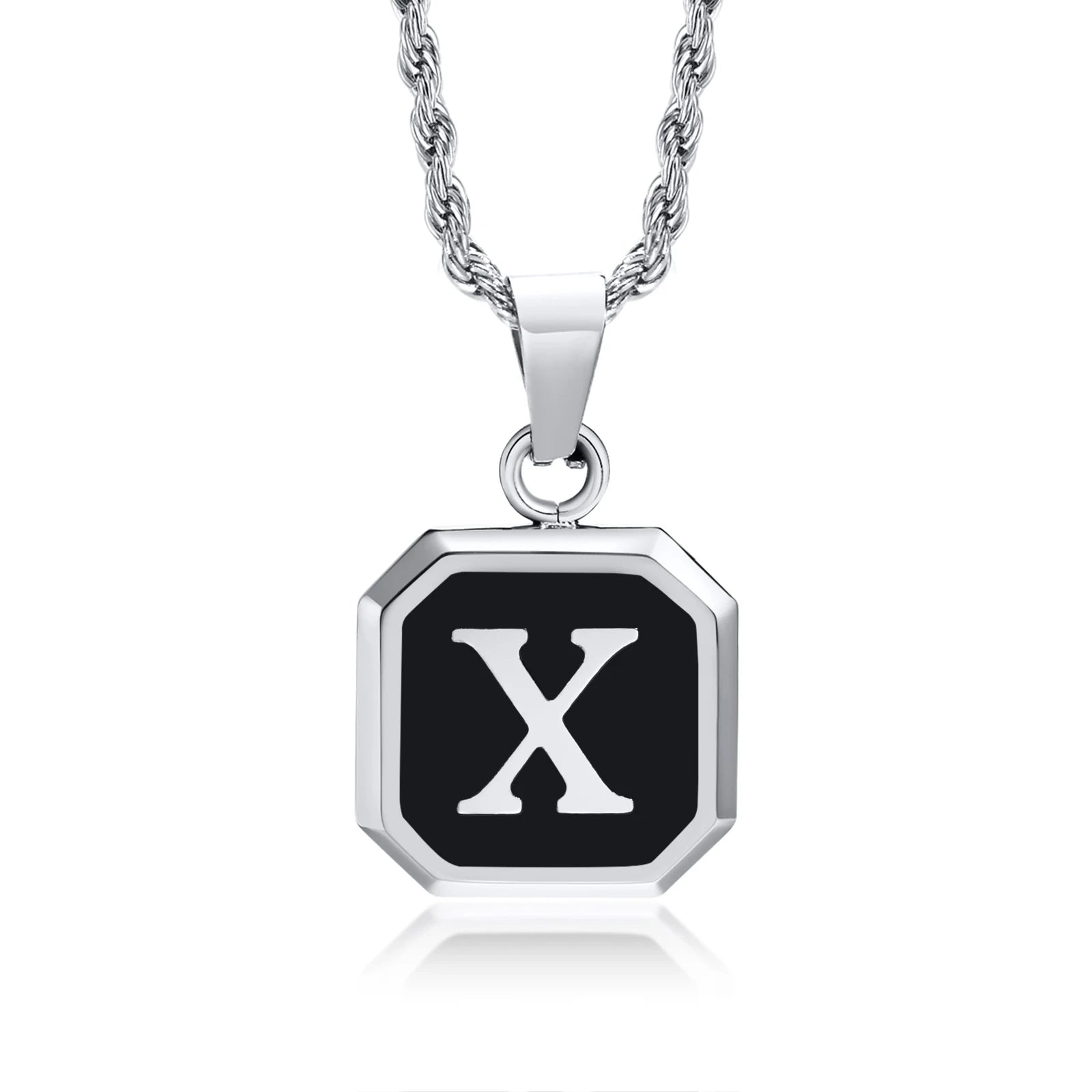 Initials Necklaces for Men Women,A-Z 26 Letters Black Square Stainless Steel Pendant Collar,45-60CM Twisted Rope Chain