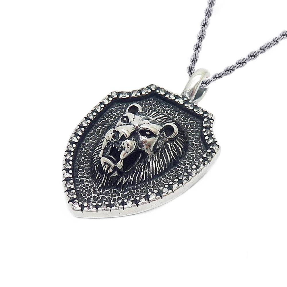 Lion Head Shield Pendant Necklace — Stainless Steel