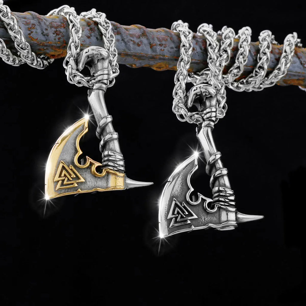 Men Vikings Ax Necklace Gold Color Never Fade Norse Rune Axe Thor Hammer Mjolnir Slavic Amulet Pendant Stainless Steel