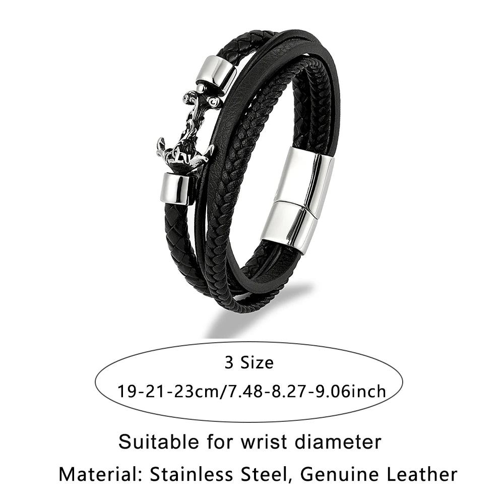 Men's Handmade Anchor Bracelet Women Punk Vikings Stainless Stee Multi-layer Leather Bangle Vintage Nautical Style