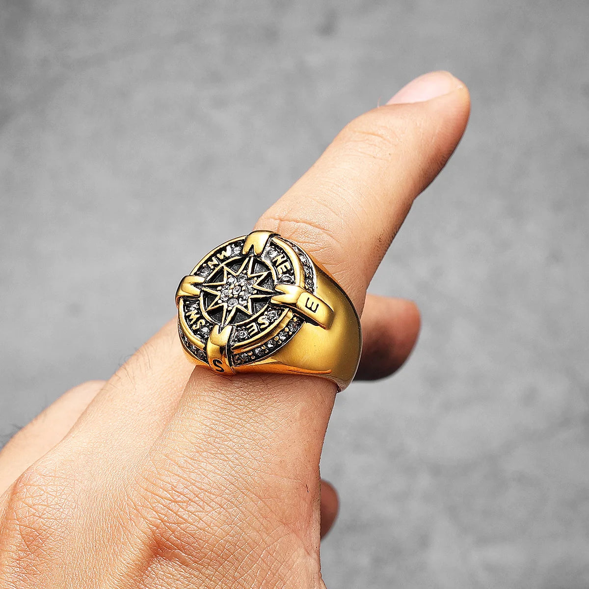 Iced Out Compass Ring — Stainless Steel