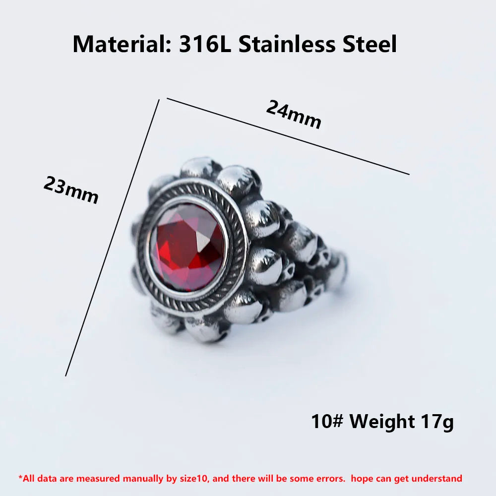NEW Men's 316L Stainless-Steel Rings Skull Head With Red Zircon Ring Vintage Gothic Punk Jewelry Gifts Free Shipping