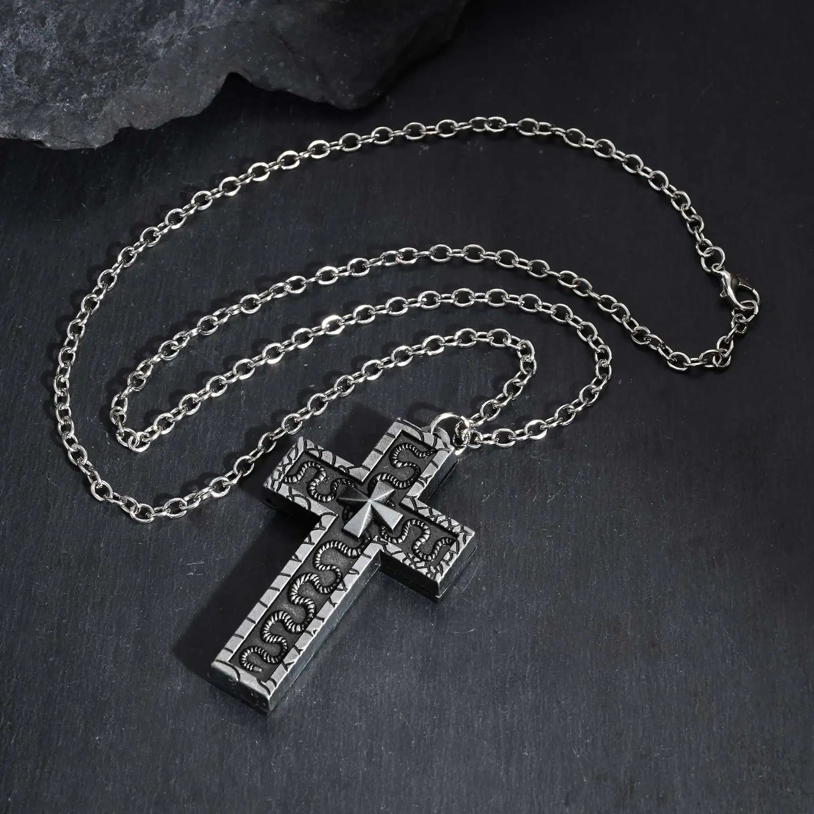 Vintage Secret Compartment Openable Cross Pendant Necklace, Gothic Punk Hip Hop Fashion Pendant Necklace for Men Metal Jewelry