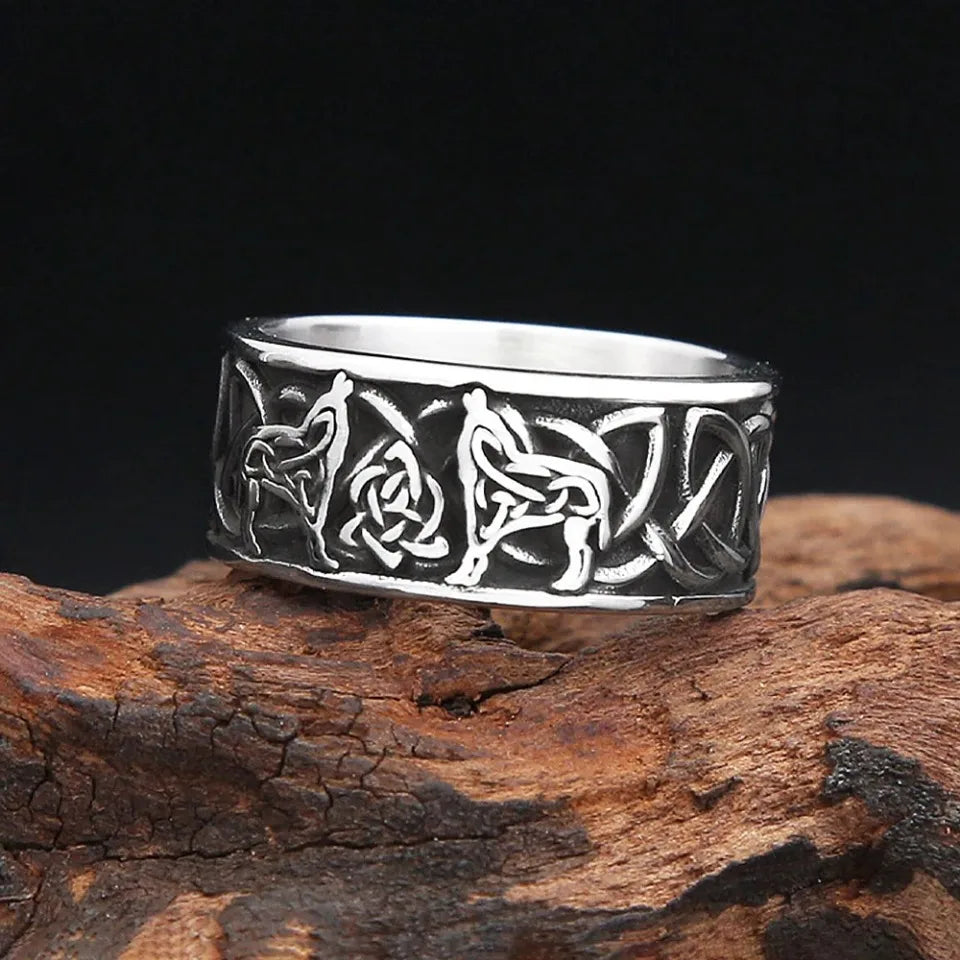 Wolf Odin Steel Ring Vintage Nordic Double Vikings