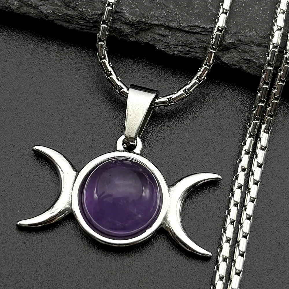Moon Gold Pendant Witchcraft Triple Amethyst Wicca
