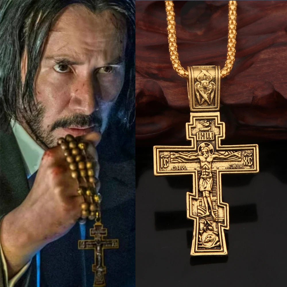 Movie John Wick Jesus Cross Necklace Crucifix Eastern Orthodox Prayer Big Pendant For Men Women Jewelry Accessories