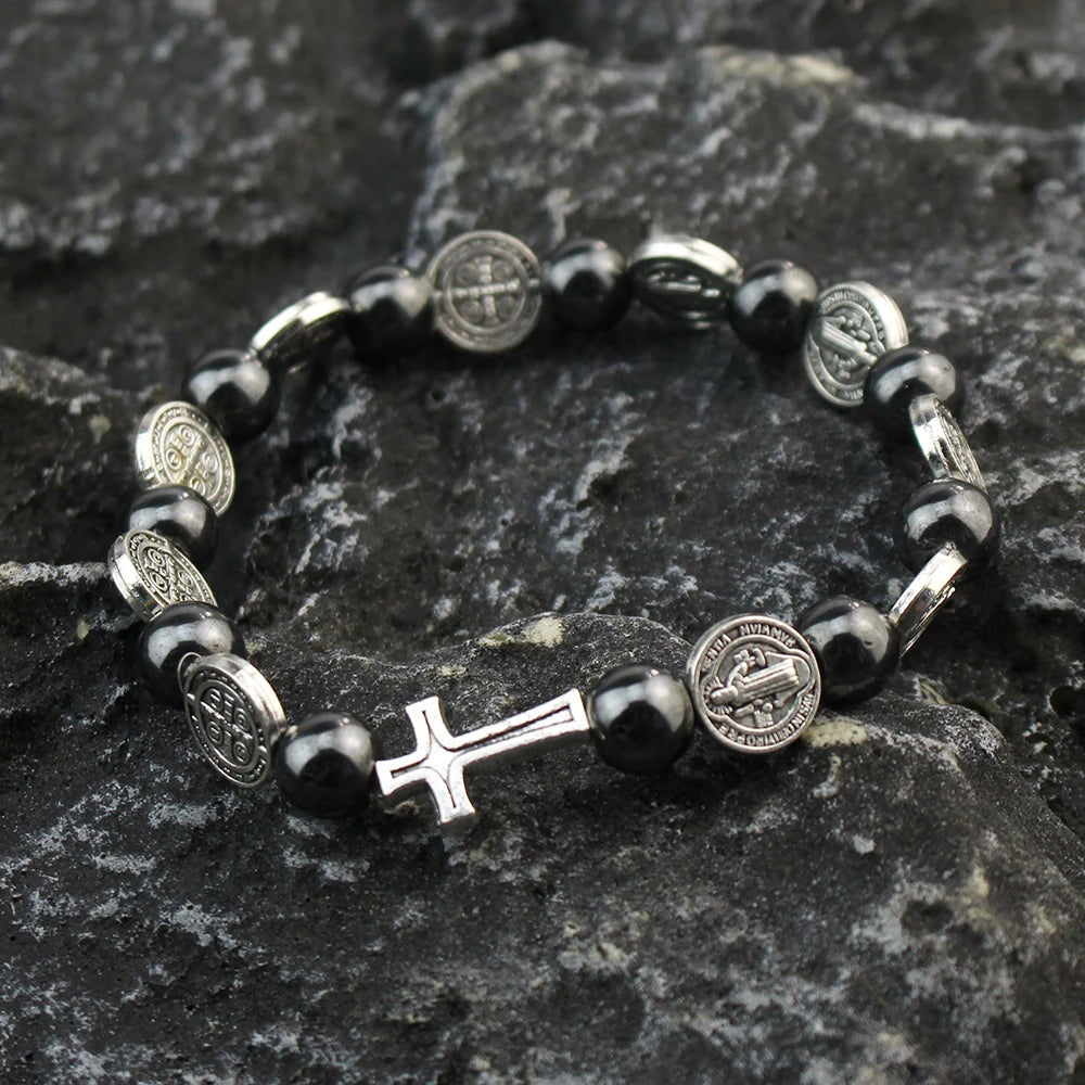 Catholic Rosary Bracelet St. Benedict Medal Cross Prayer Bracelets Hematite Beads Religion Jewelry Accessories Gifts