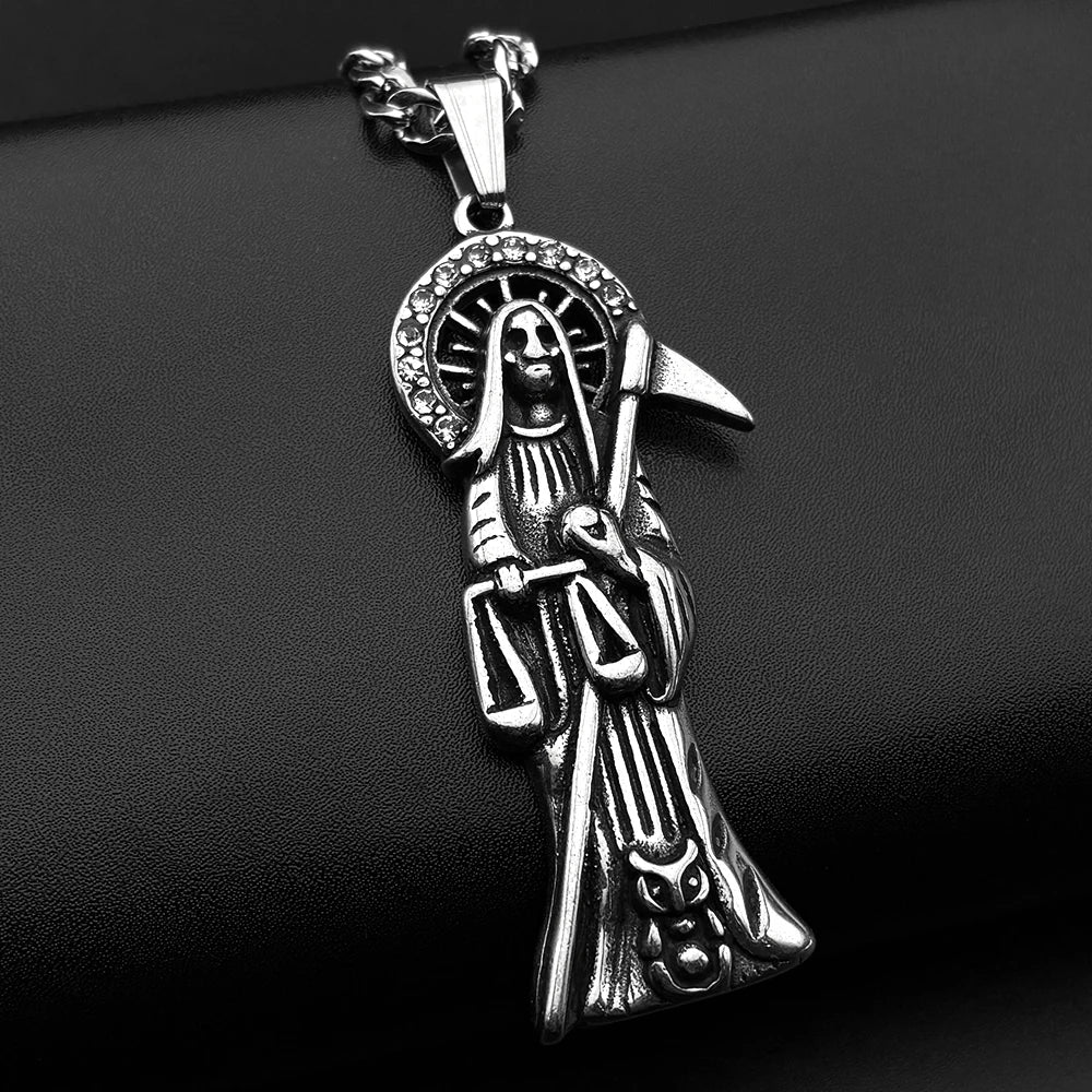 Holy Saint Death Santa Muerte Grim Reaper Necklace for Men Stainless Steel Silver Color Male Necklaces Jewelry Gift NZZ518S05