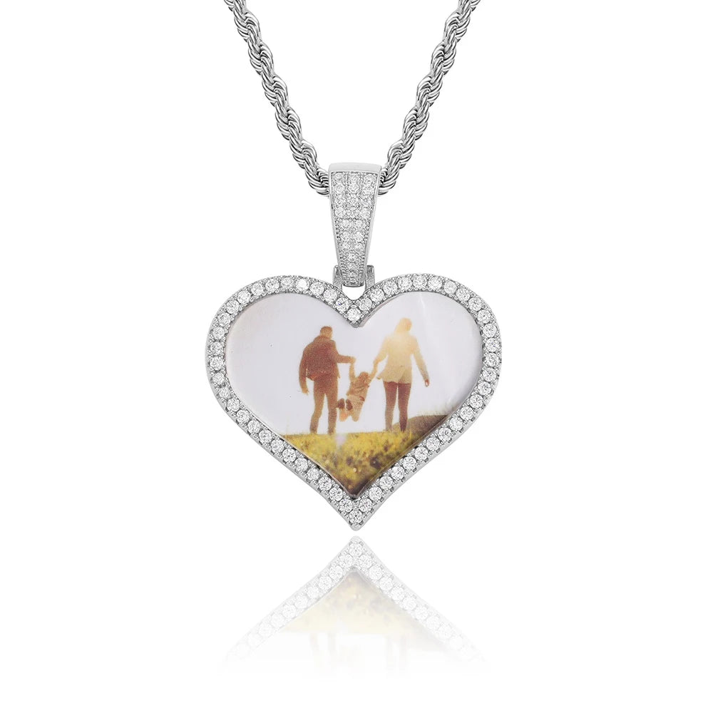 Iced Out Heart Photo Pendant Necklace