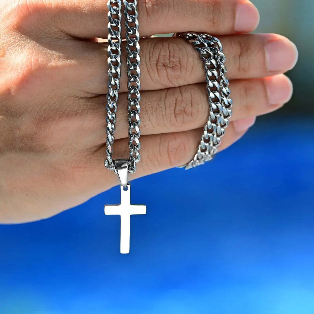 High Quality Cross Necklace for Men Boys,Stainless Steel Pendant with 5MM Cuban Chan,Classic Simple Jewelry Gift