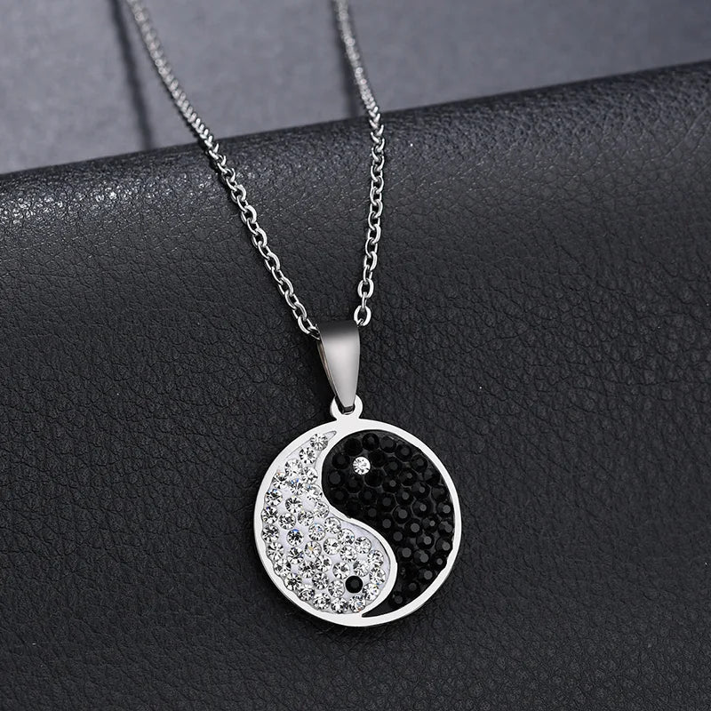 Trendy Black White Zircon Yin Yang Tai Chi Bagua Necklace For Women Men Stainless Steel Circle Pendant Jewelry Gifts