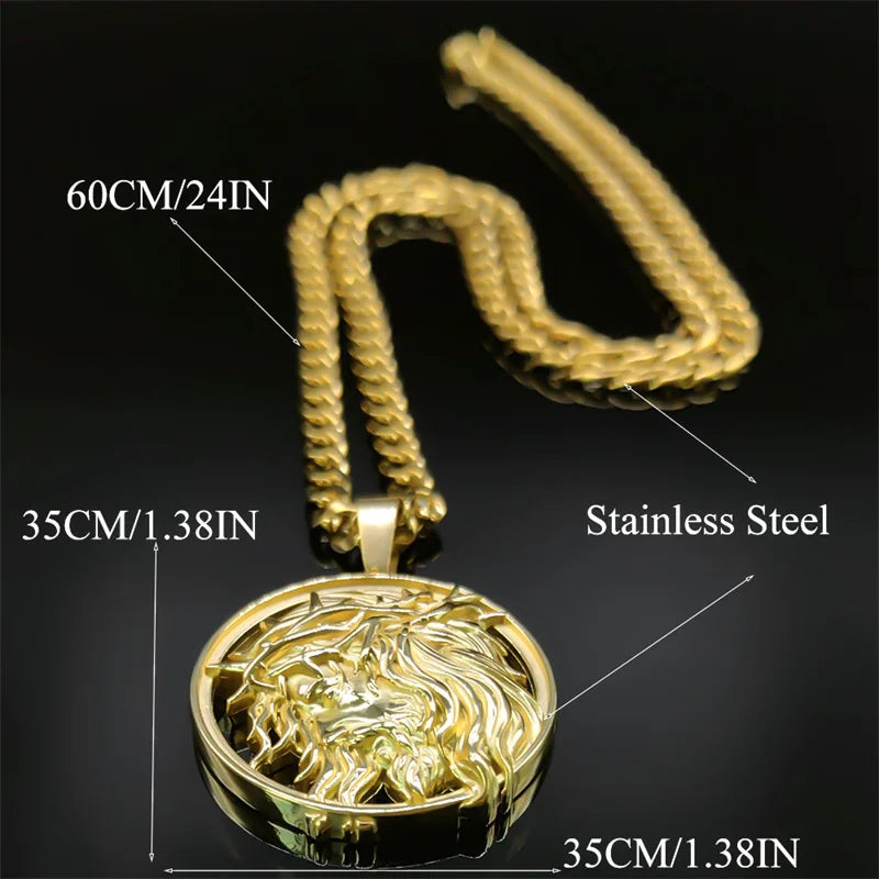 Jesus Crown of thorns Men's Necklace Stainless Steel Gold Color Chain Crucifix Medal Male Neckalces Religious Jewelry