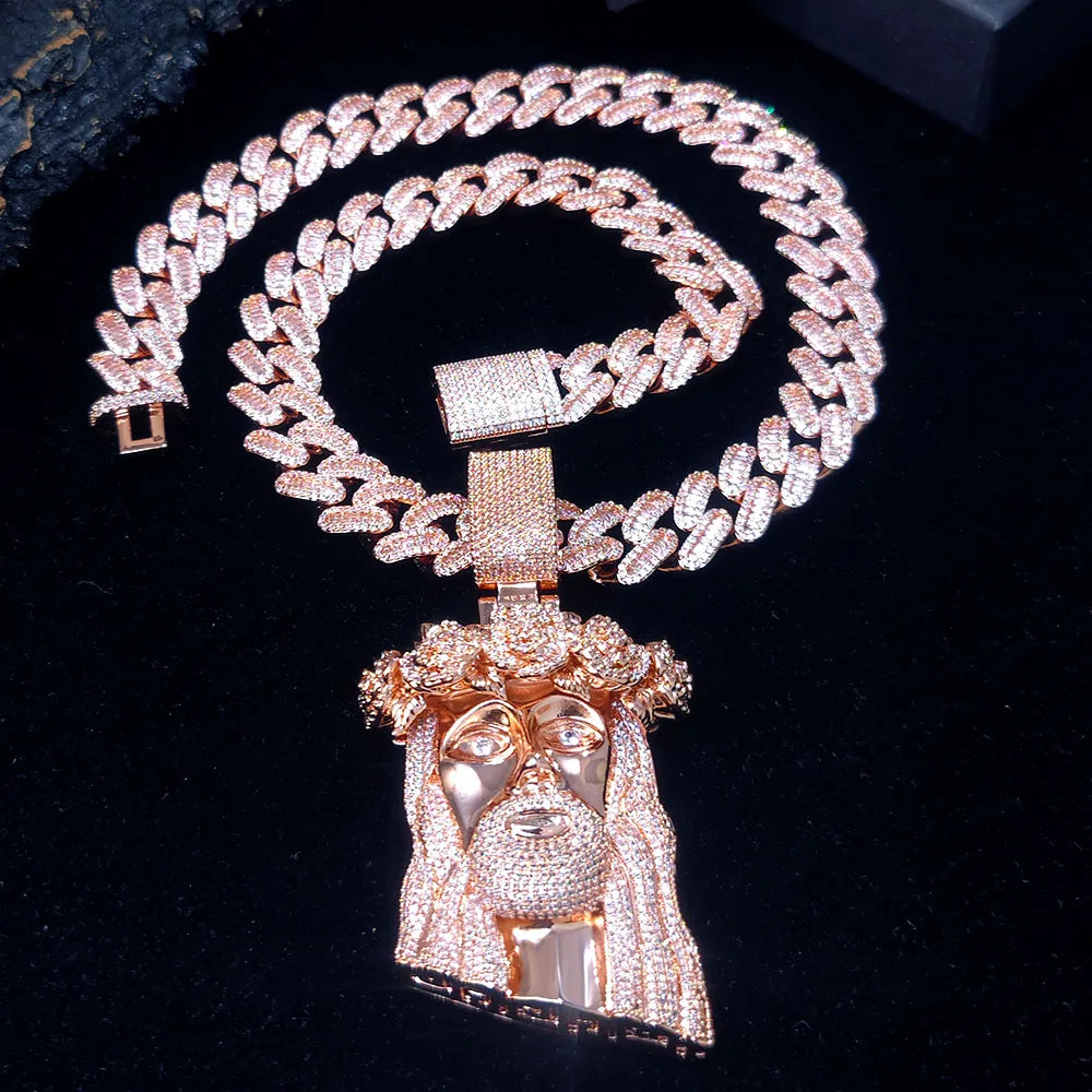 Rose Gold Jesus Cuban Pendant Necklace Iced Out