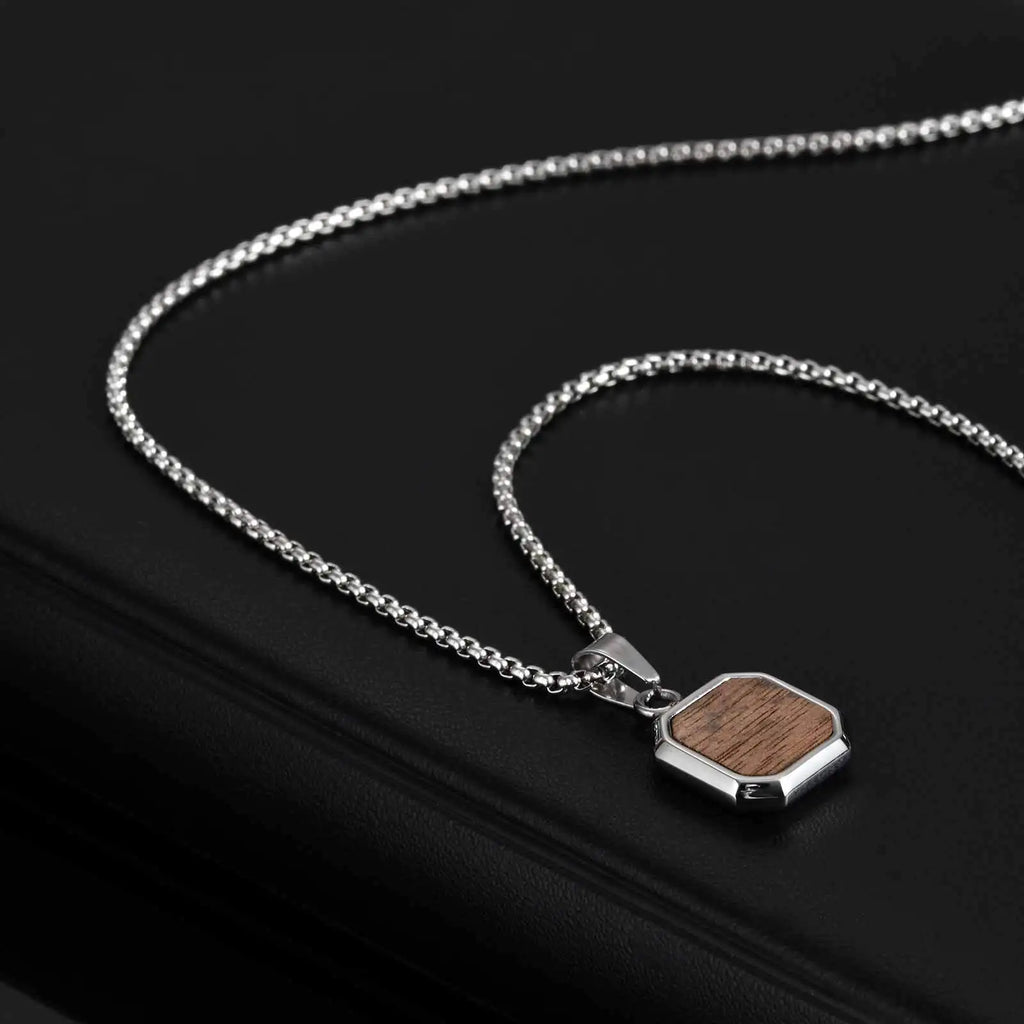 Trend Wood Square Necklace for Men,Brown Color Stainless Steel Rectangle Pendant Necklaces with Box Chain,50/55/60CM