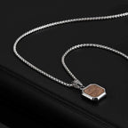 Trend Wood Square Necklace for Men,Brown Color Stainless Steel Rectangle Pendant Necklaces with Box Chain,50/55/60CM