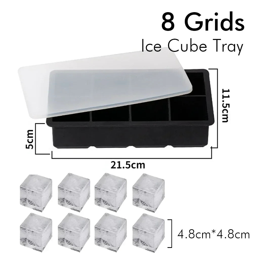 Ice Cube Tray Silicone Ice Ball Freezer Mold Square Ice Cube Maker with Lid 4/6/8 Grids for Whiskey Cocktail Coffee