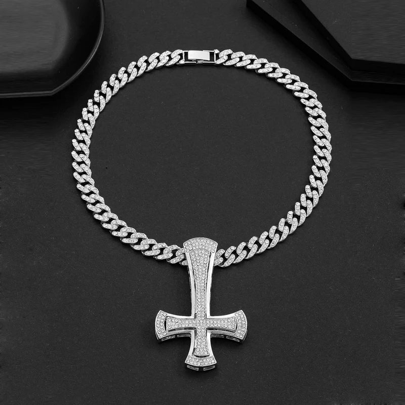 Iced Out Inverted Cross Pendant Necklace 11mm Miami Chain