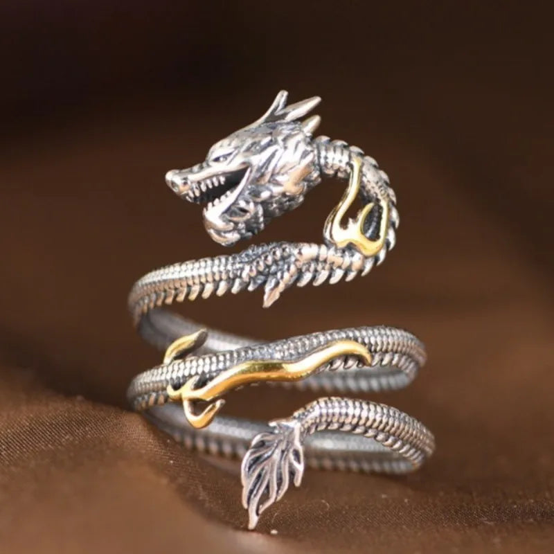 Buyee 925 Sterling Silver Unique Big Ring Elegant Chinese Dragon Open Ring Finger for Men Rock Punk Fine Jewelry Circle