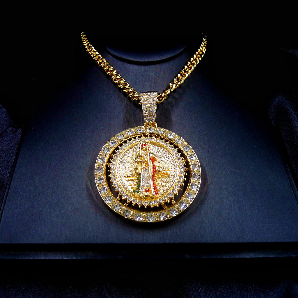 1 piece men's fashionable hip hop Santa Muerte set with sparkling rhinestones rotatable pendant decorative necklace