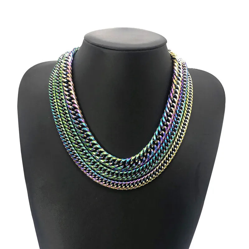 Stainless Steel Quenched Colorful Double Woven Cuban Link Chain Necklace for Men Women Hip Hop DIY Jewelry