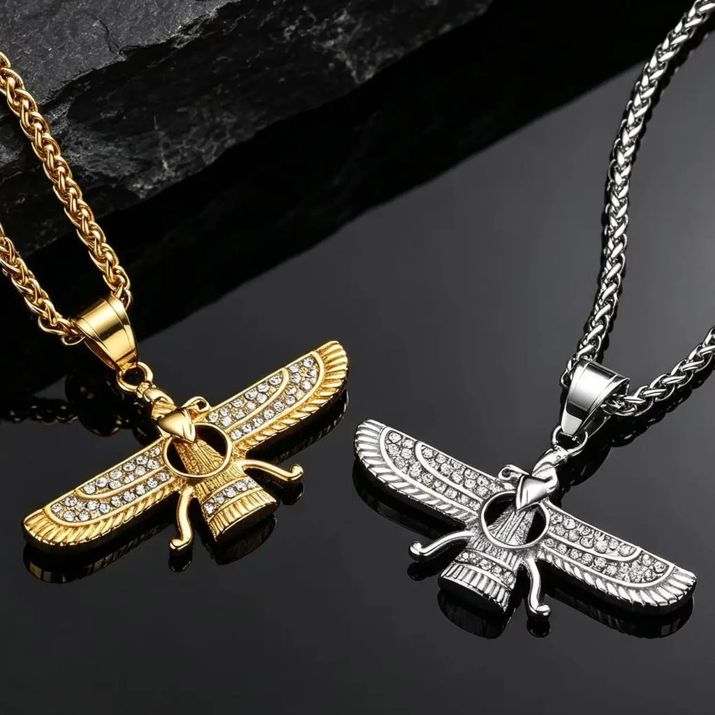 Faravahar Zoroastrian Pendant Necklace for Men,Stainless Steel Winged Eagle Amulet with CZ Stones,Hip Hop Religious Jewelry Gift
