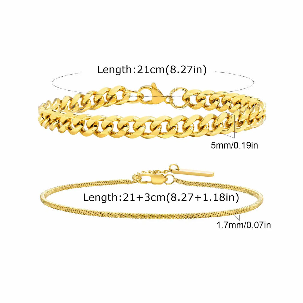 Vnox 2pcs/Set Cuban Figaro Rope Snake Chain Bracelet Set for Men Boys, Gold Black Silver Color Stainless Steel Wristband Jewelry