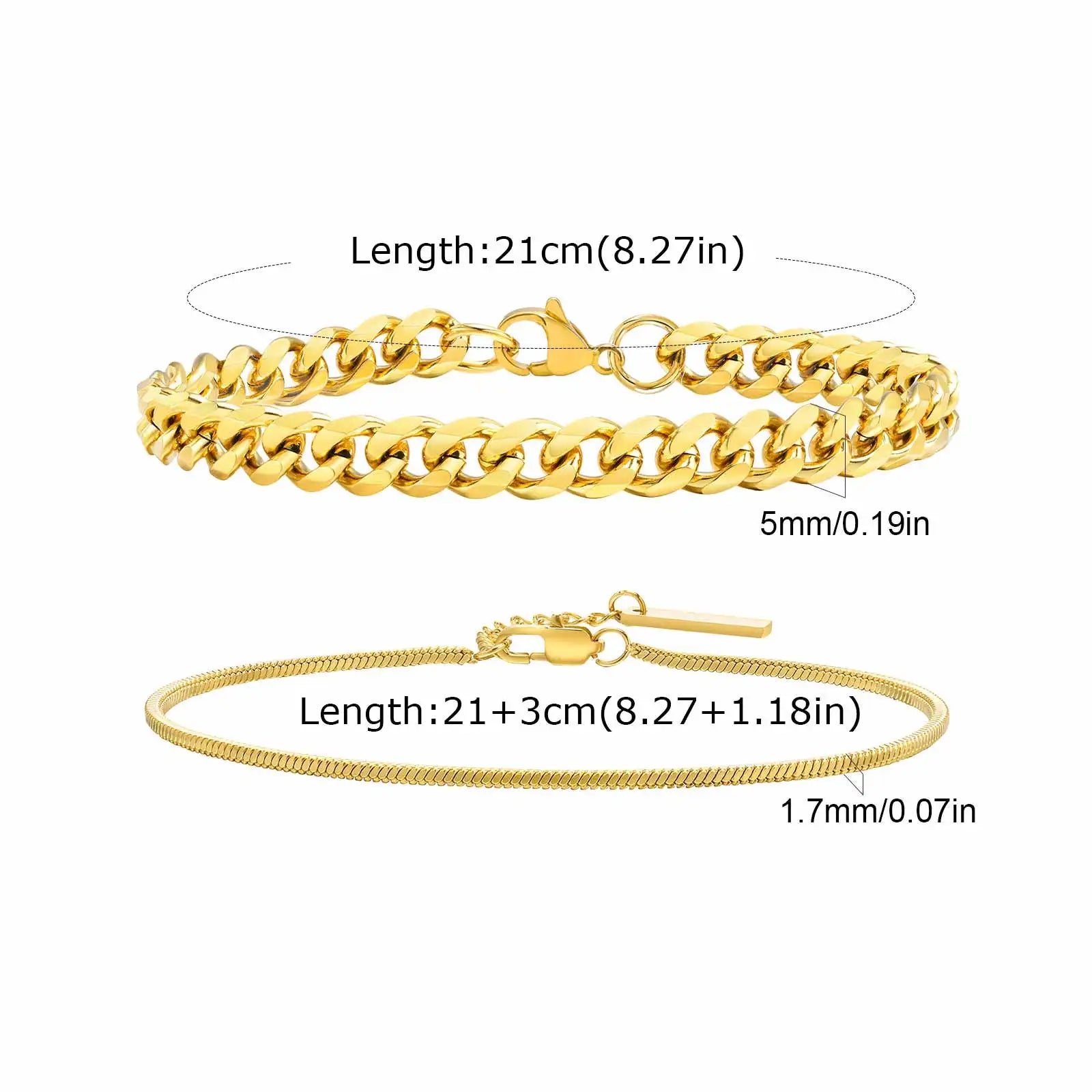 Vnox 2pcs/Set Cuban Figaro Rope Snake Chain Bracelet Set for Men Boys, Gold Black Silver Color Stainless Steel Wristband Jewelry