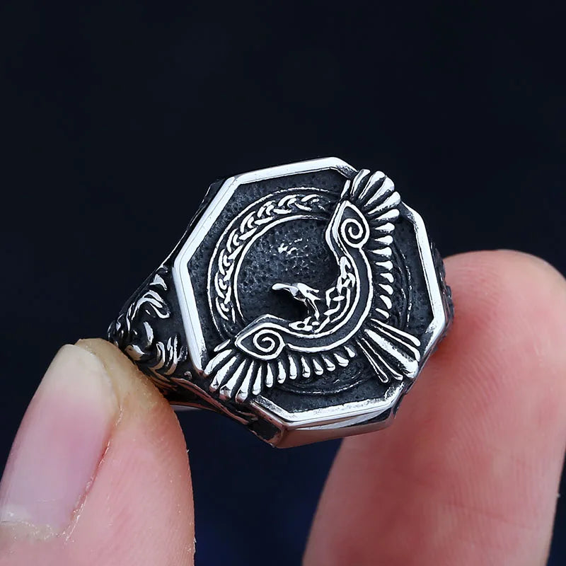 Amulet 2023 New 316L Stainless Steel Norse Mythology Flying Eagle Ring For Man Women Viking Pattern Jewelry Party Gift
