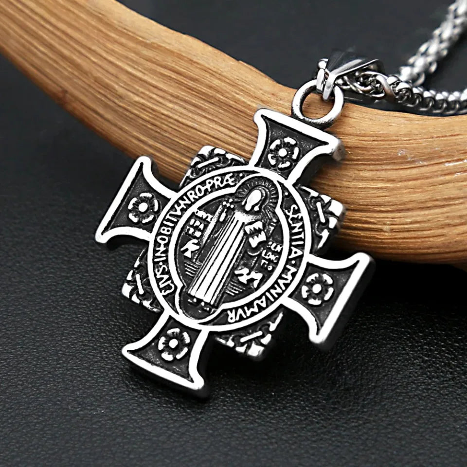 Vintage Stainless Steel Saint Benedict Exorcist Pendant Necklaces For Men Women Fashion Religious Amulet Jewelry