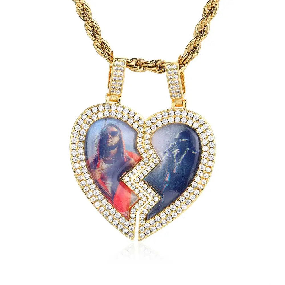 Iced Out Heart Photo Pendant Necklace