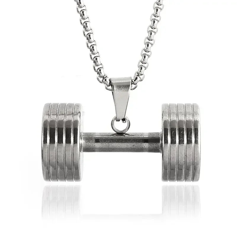 Cool Titanium Steel Dumbbell Pendant Necklace Barbell Fitness Pendant Men and Women Leisure Sports Punk Jewelry