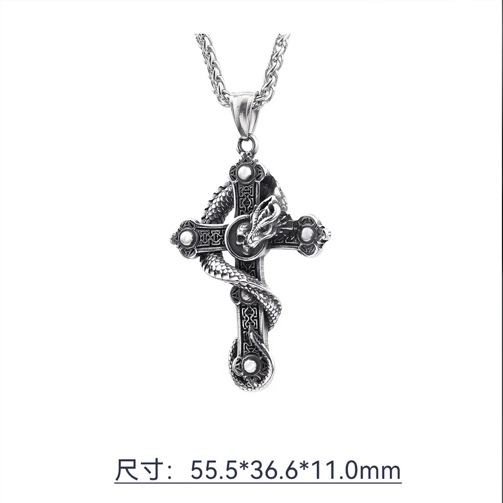 Gothic Skull Cross Dragon Pendant Necklace — Stainless Steel
