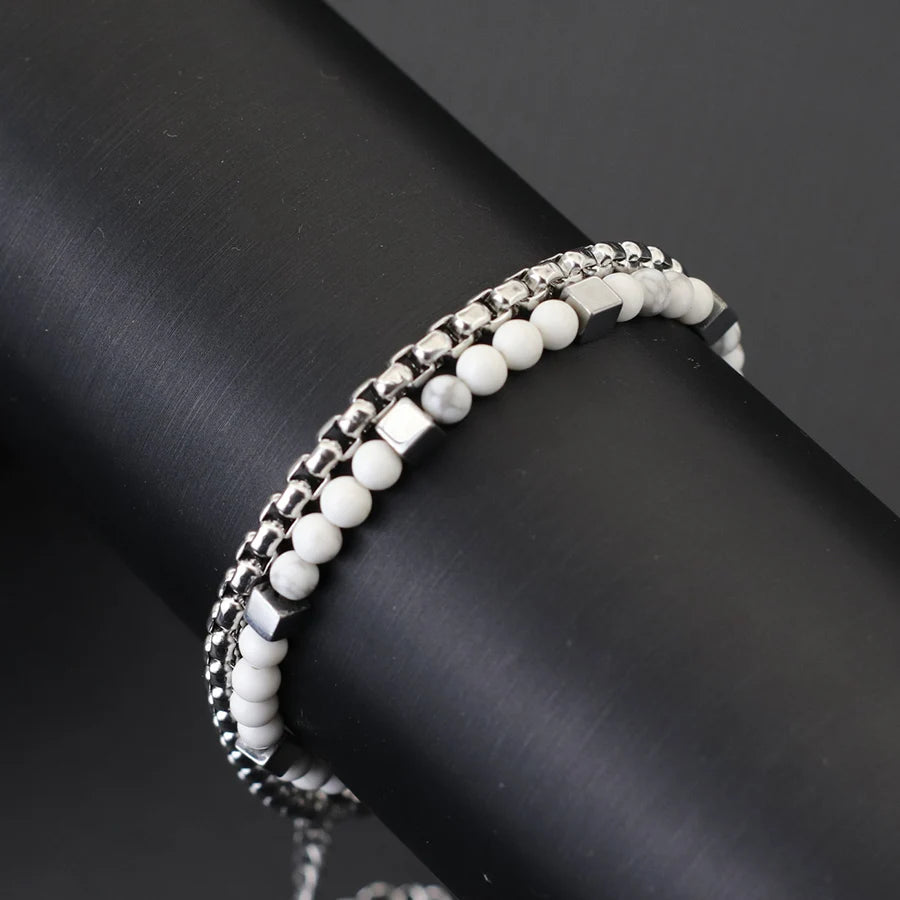 Punk 2Pcs/set Natural Stone Bracelet Men Stainless Steel Chain Tiger Eyes Hematite Beaded Braslet Cool Boyfriend Gifts For Him