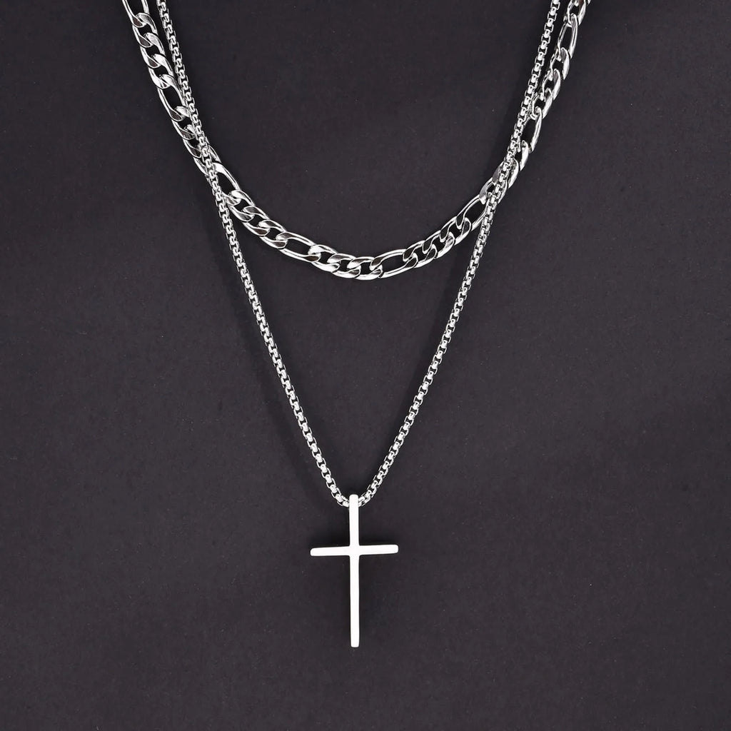 Vnox Dropshipping Mens Cross Necklaces Stainless Steel Layered Plain Cross Pendant Rope Box Chain Necklace Prayer Jesus Collar