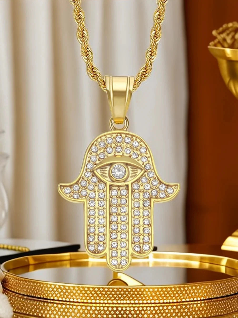Hamsa Hand of Fatima Necklace Pendant & Chain For Men Women's Gold Color Stainless Steel Palm Necklaces Turkish Jewelry