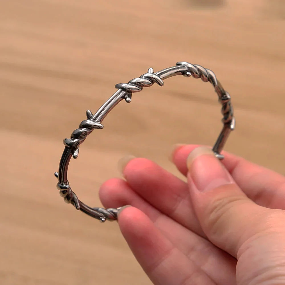 Vintage Thorn Wire Open Cuff Bracelet — Gothic, Stainless Steel