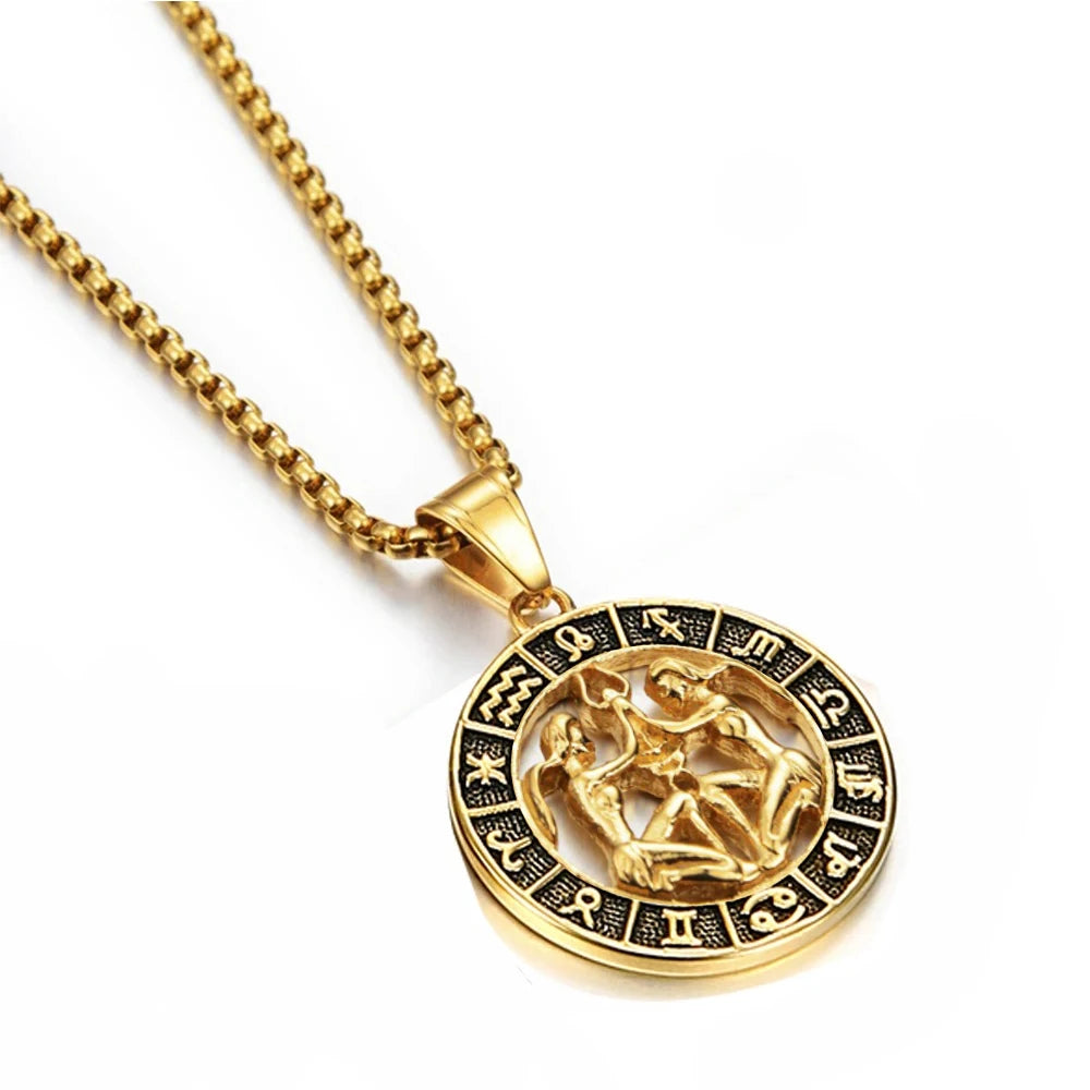 Zodiac Sign Leo Scorpio Pendant Necklace for Women/Men Gold Color Stainless Steel Round 12 Constellation Necklaces