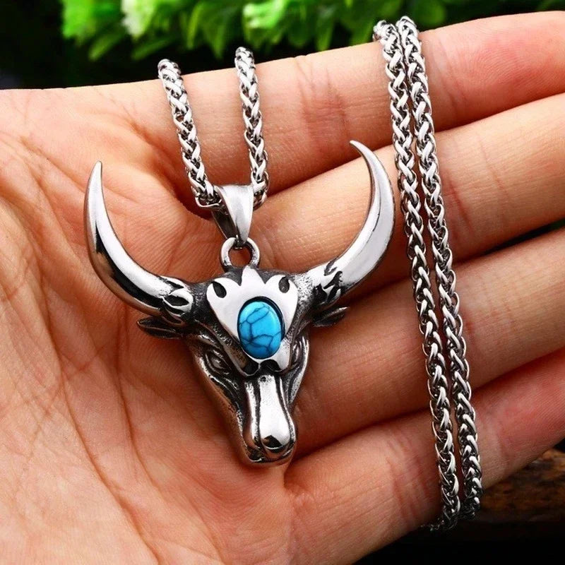 Retro Punk Turquoise Bull Head Pendant Necklace for Men Fashion Hip Hop Motorcycle Riding Trend Cool Personalized