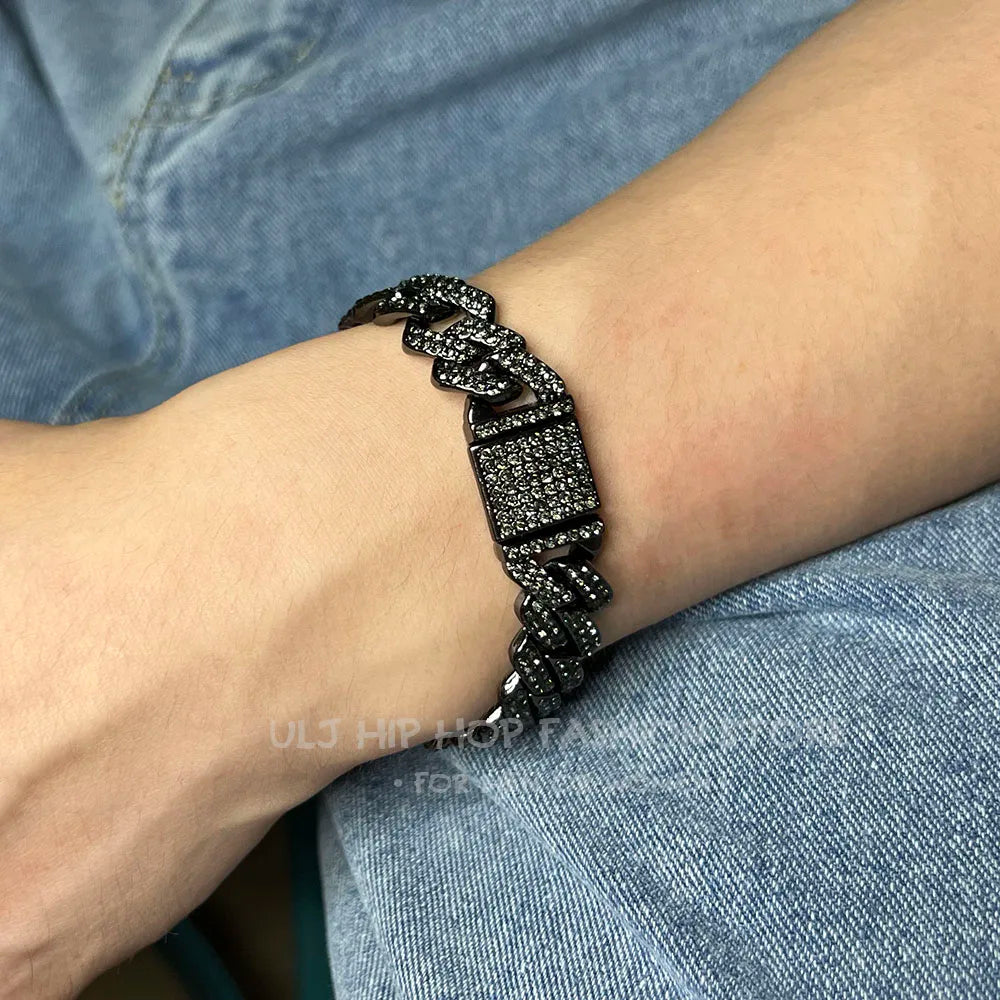 ULJ Hip Hop Shiny Black Cuban Link Chain Bracelets Women Men  Bling Rhinestone Iced Out Punk Wristband Hand Jewelry