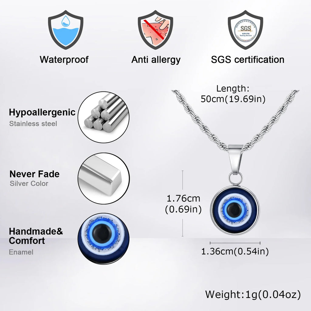 Stainless Steel Turkish Evil Eye Necklaces for Men, Blue Eye Round Pendant Necklace, Ethnic Collar Jewelry