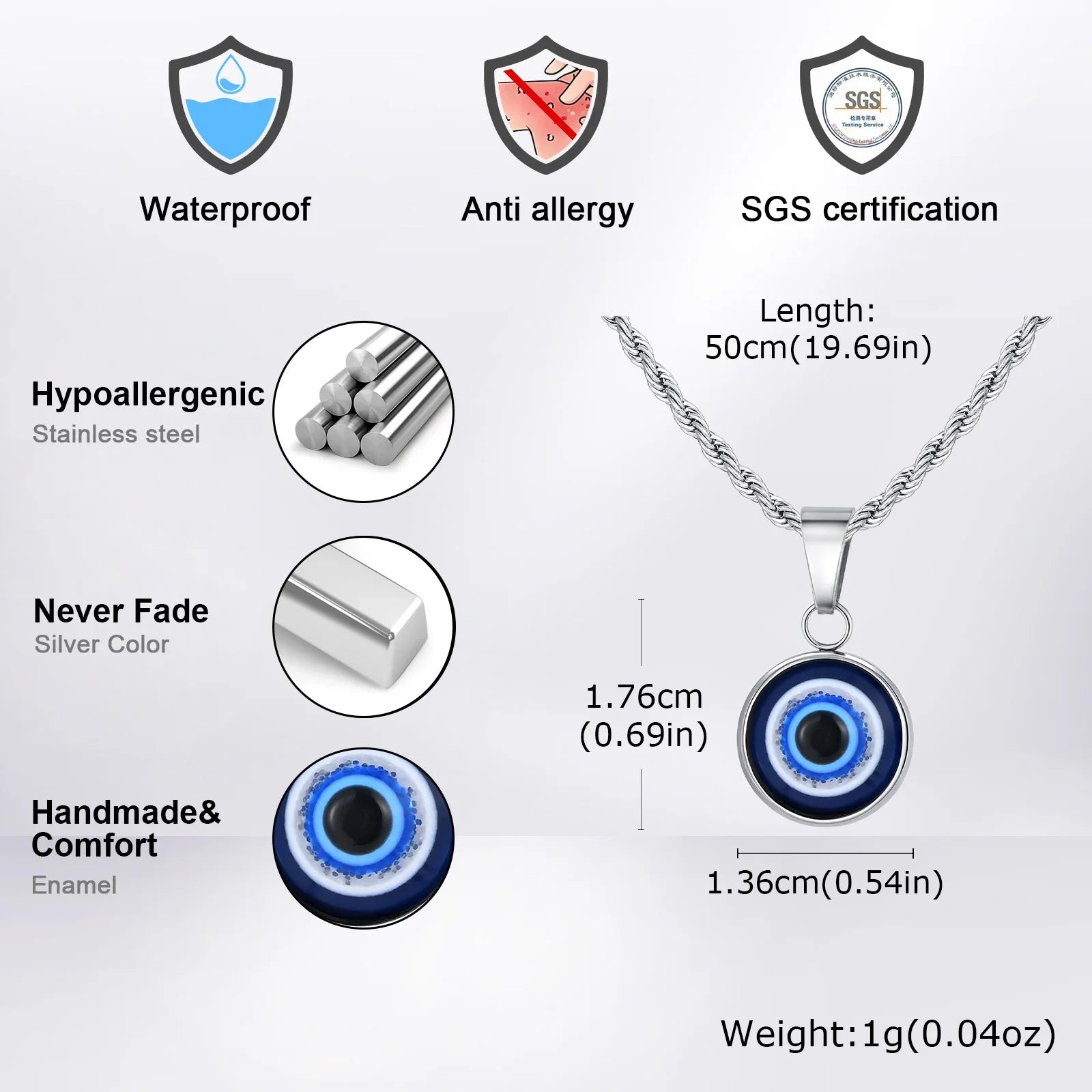 Stainless Steel Turkish Evil Eye Necklaces for Men, Blue Eye Round Pendant Necklace, Ethnic Collar Jewelry