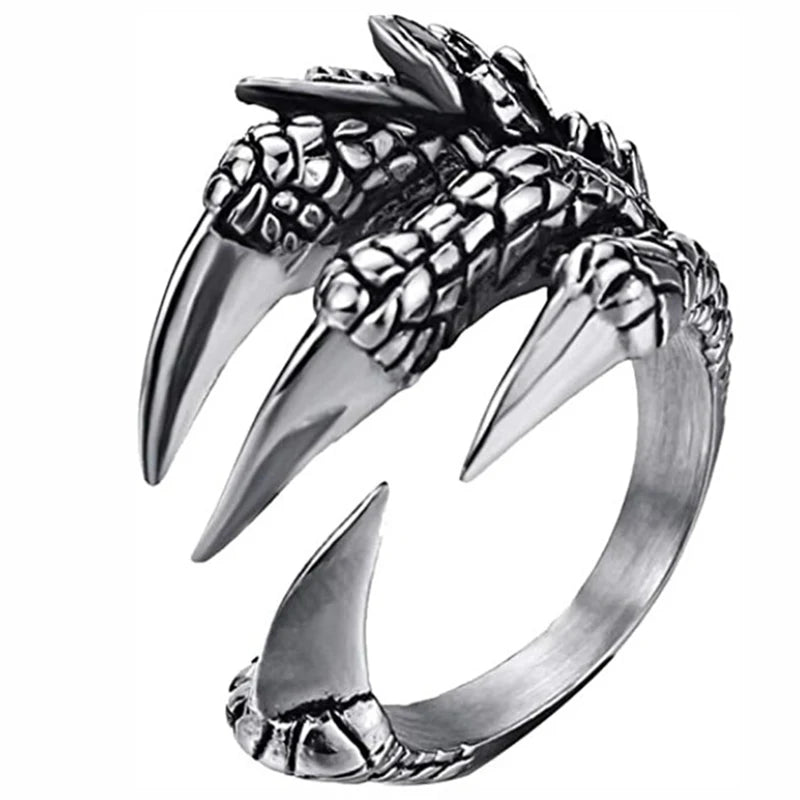 Stainless Steel Vintage Silver Dragon Claw Adjustable Opening Ring Tibetan silver Eagle Animal Rings for Men Women Punk